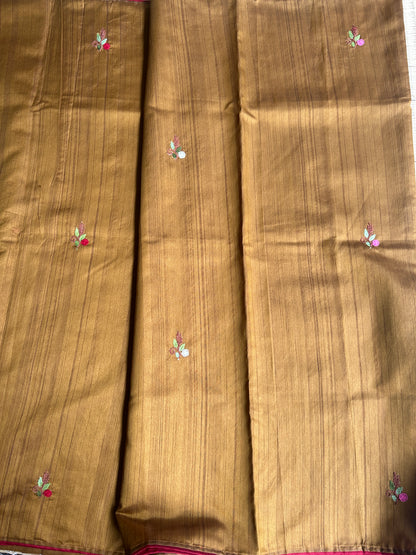 Methi yellow floral soft Tussar saree - hand embroidery