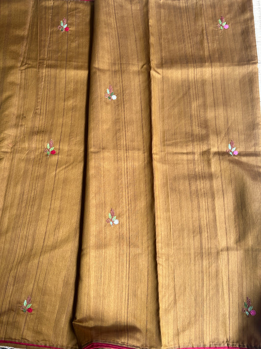 Methi yellow floral soft Tussar saree - hand embroidery