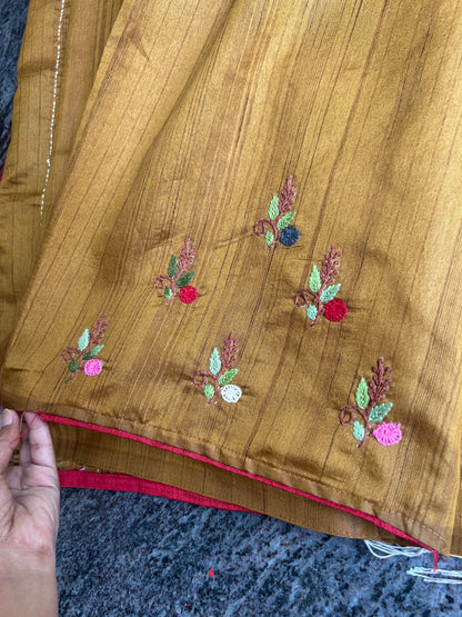 Methi yellow floral soft Tussar saree - hand embroidery