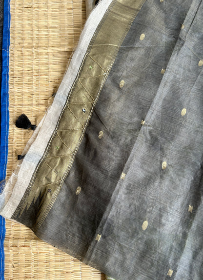 Pure linen chanderi saree with cutdana work & mirror work - hand embroidery - 1