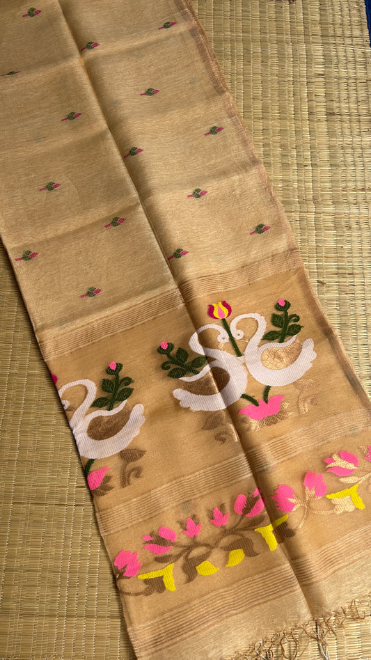 Biscuit cream silk linen jamdani saree with swan motifs - with handloom mark