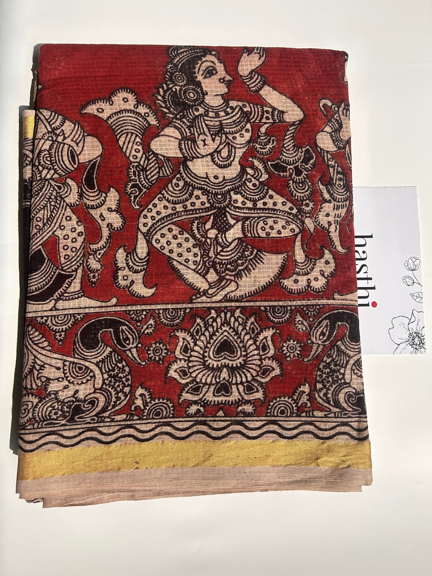Black and red floral kalamkari kota cotton saree