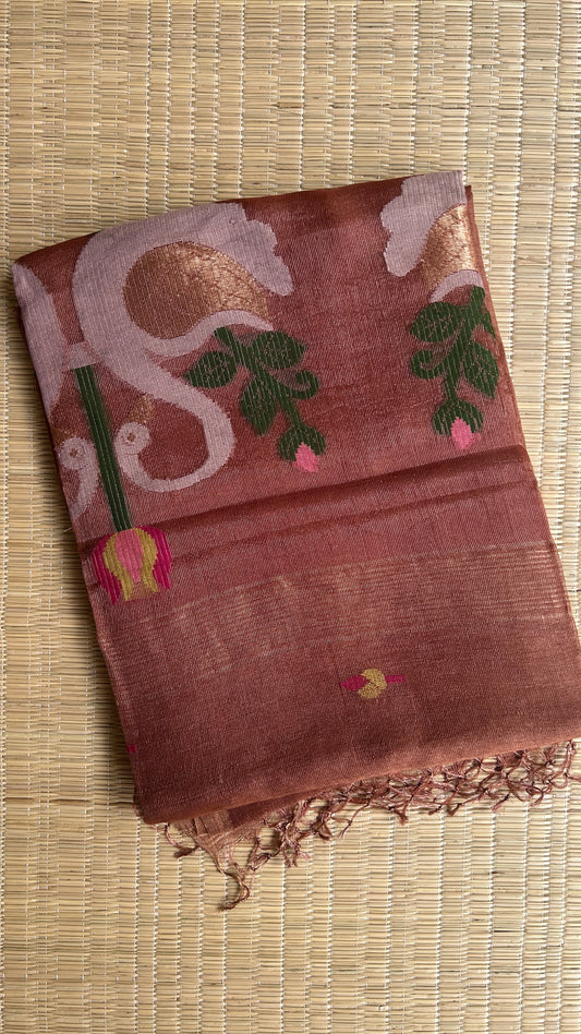 Coffee Brown silk linen jamdani saree with swan motifs - with handloom mark