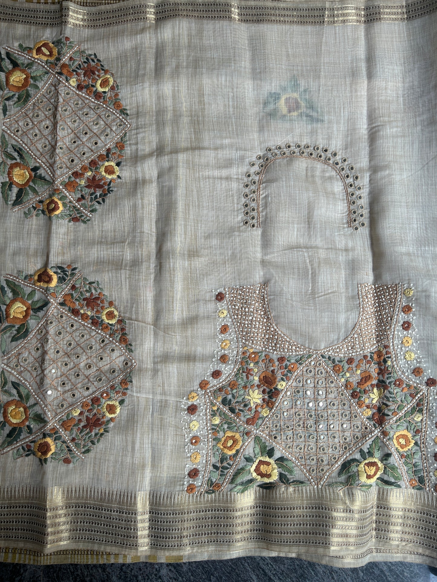 Pure linen chanderi saree with mirror work blouse - hand embroidery - 3