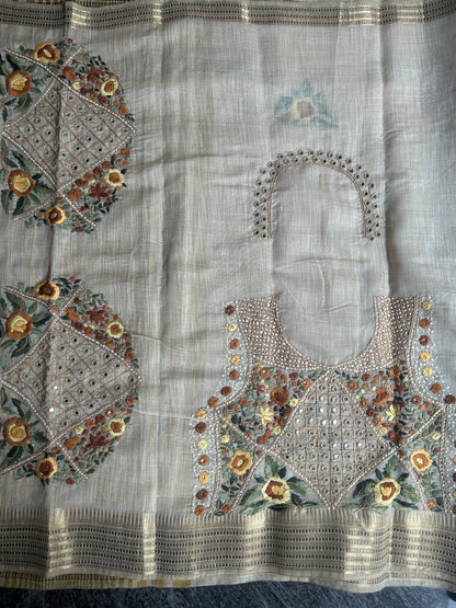 Pure linen chanderi saree with mirror work blouse - hand embroidery - 3