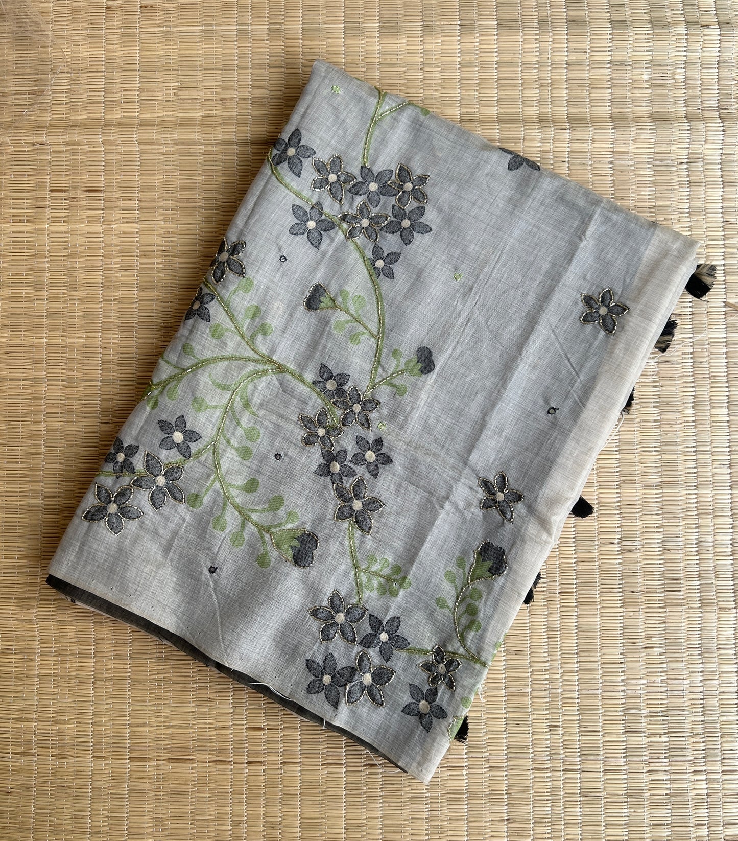 Pure linen chanderi saree with cutdana work & mirror work - hand embroidery - 1