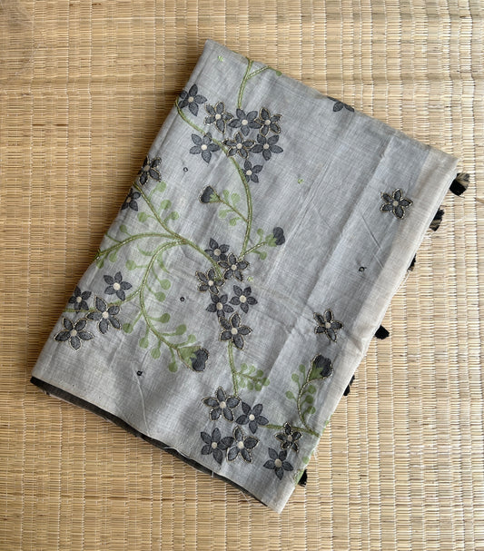 Pure linen chanderi saree with cutdana work & mirror work - hand embroidery - 1