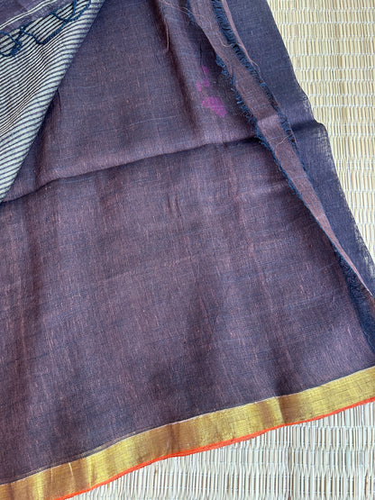 Dark chocolate Brown linen jamdani saree with floral motifs and golden border