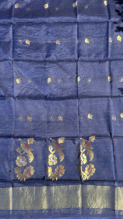 Navy Blue paithani muslin jamdani 2pc set - unstitched