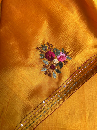 Yellow floral soft Tussar saree - hand embroidery