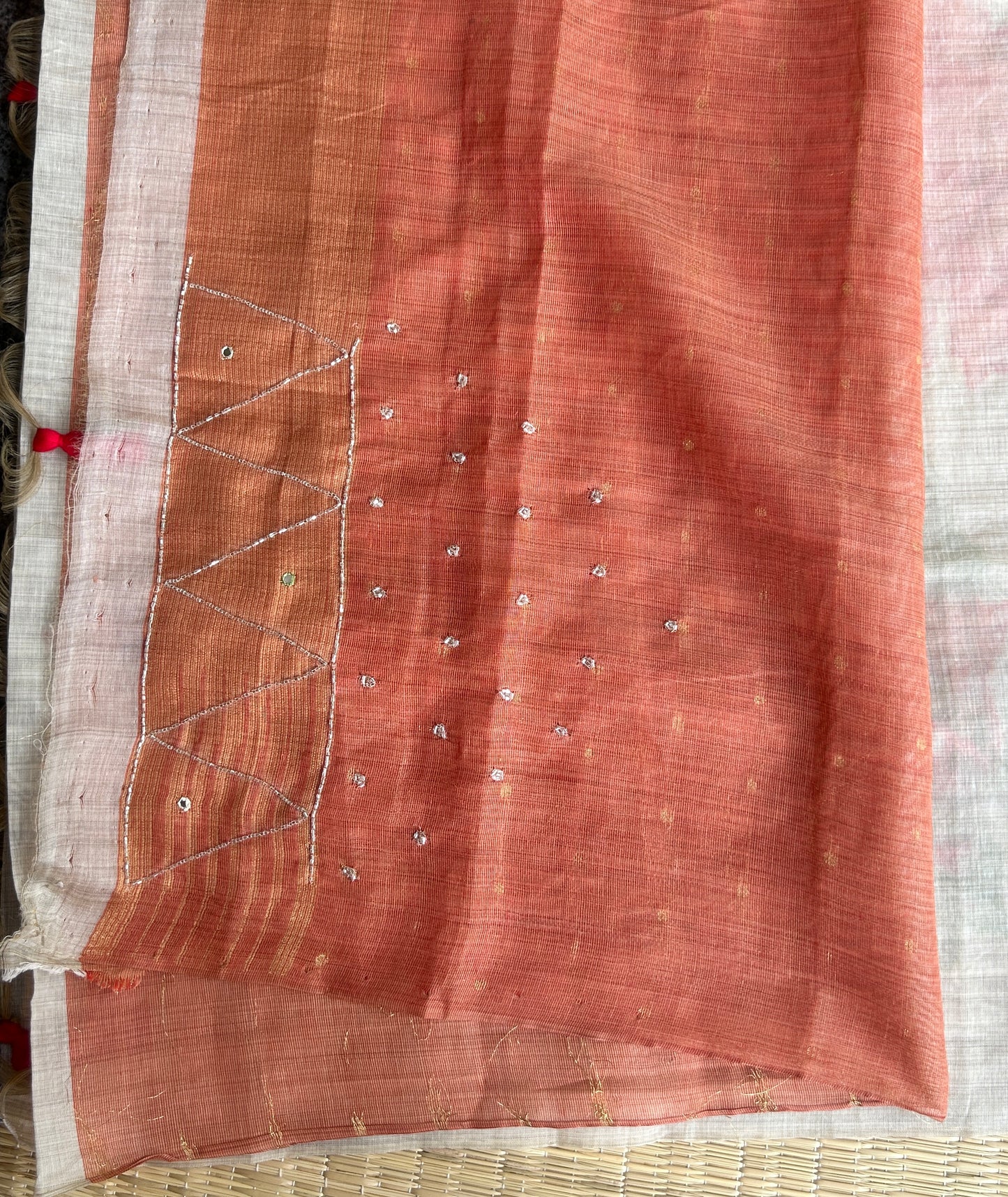 Pure linen chanderi saree with cutdana work & mirror work - hand embroidery - 2