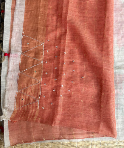 Pure linen chanderi saree with cutdana work & mirror work - hand embroidery - 2