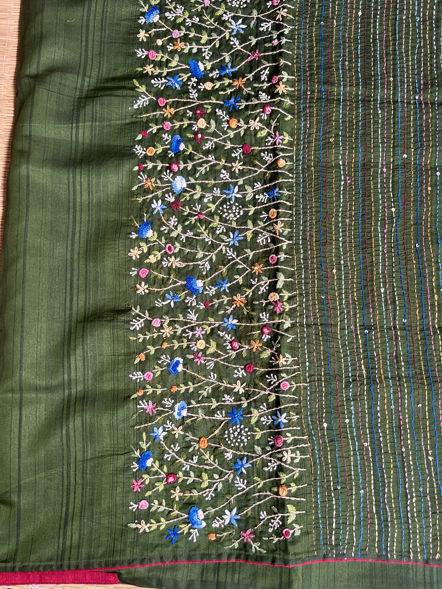 Bottle green floral soft Tussar saree - hand embroidery