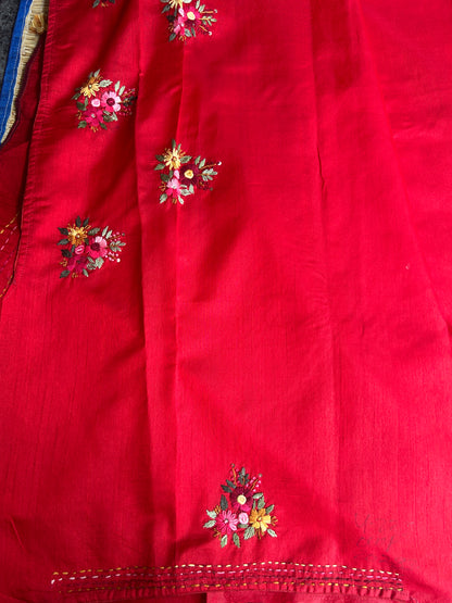 Red floral soft Tussar saree - hand embroidery