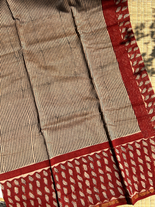 Cream Chanderi silk saree with black stripes and red border