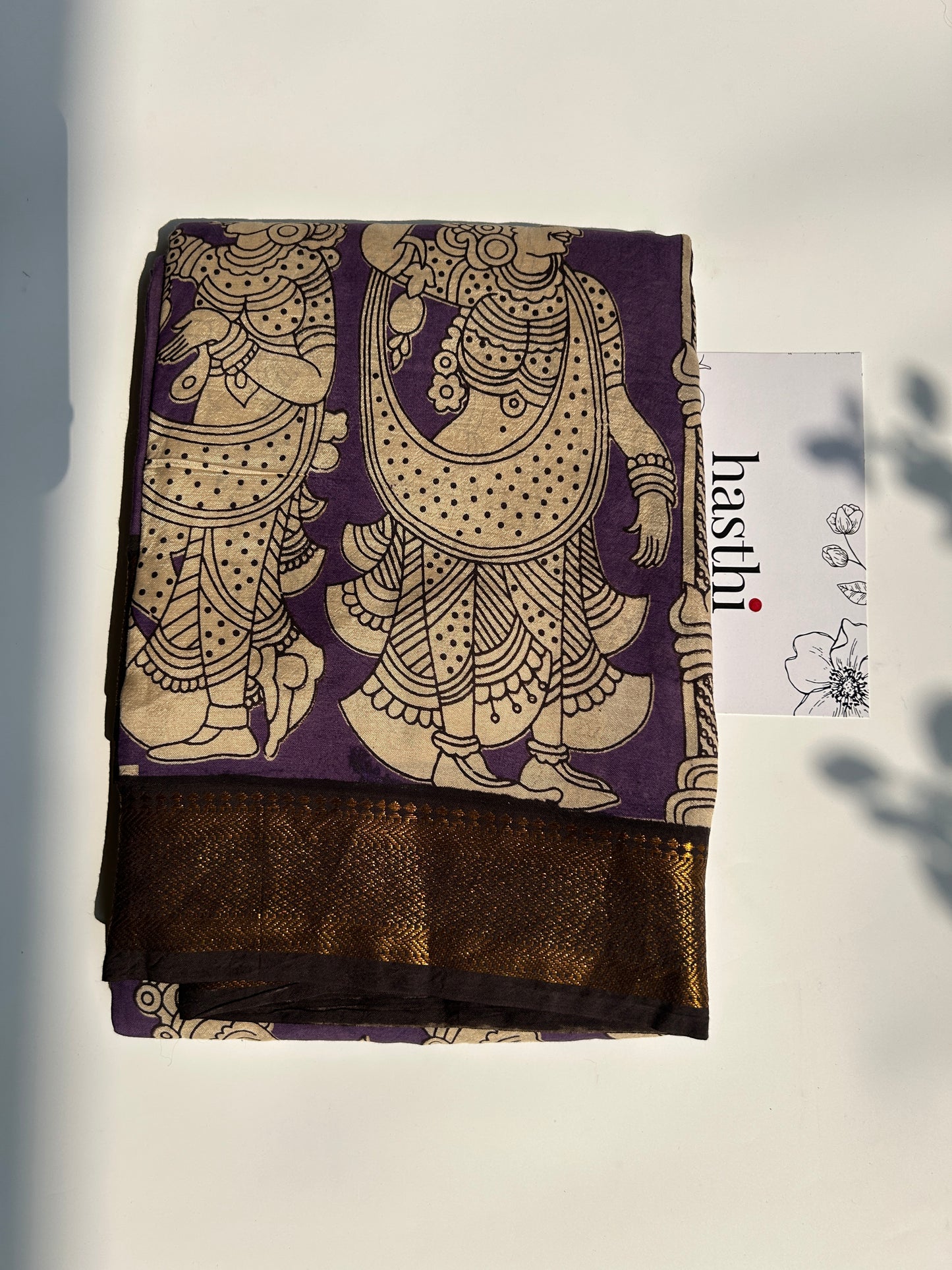 Purple chennur silk kalamkari saree with Nizam border