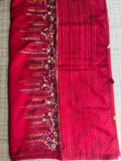 Red floral soft Tussar saree - hand embroidery