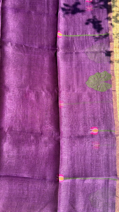 Purple silk linen jamdani saree with lotus motifs