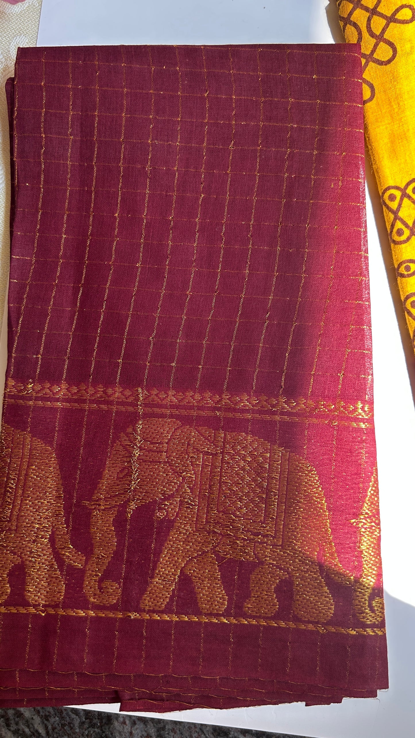 Turmeric Yellow Madurai sungudi cotton saree with kolam motif