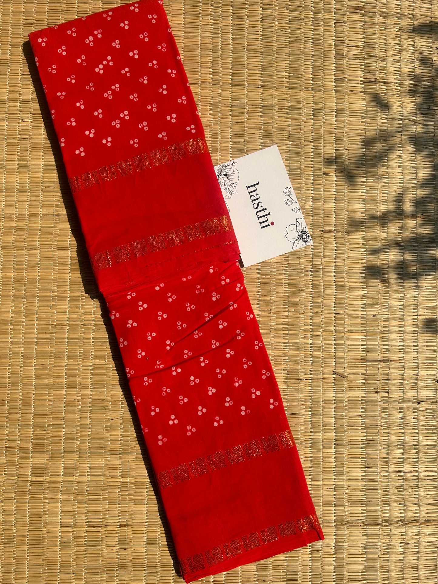 Orange red 120 count wax sungudi cotton saree (three dot)