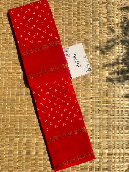 Orange red 120 count wax sungudi cotton saree (three dot)