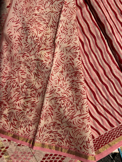 Bubblegum pink Chanderi silk saree with stripes