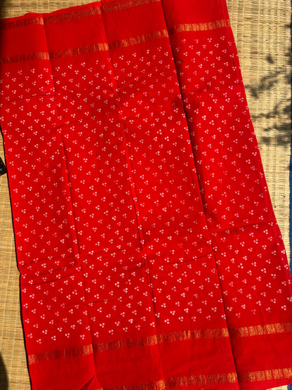 Orange red 120 count wax sungudi cotton saree (three dot)
