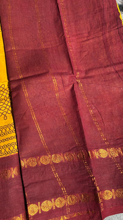 Turmeric Yellow Madurai sungudi cotton saree with kolam motif