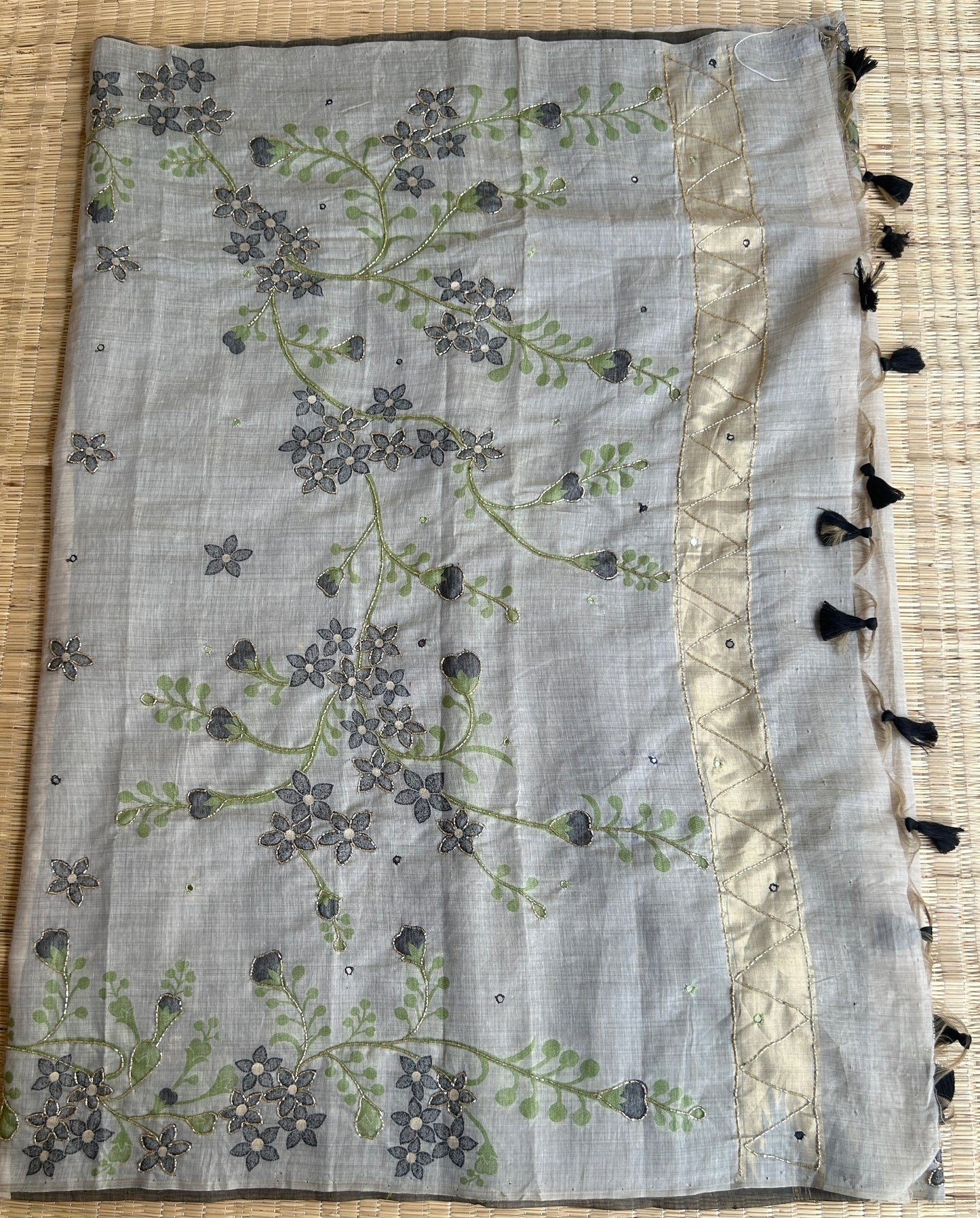 Pure linen chanderi saree with cutdana work & mirror work - hand embroidery - 1