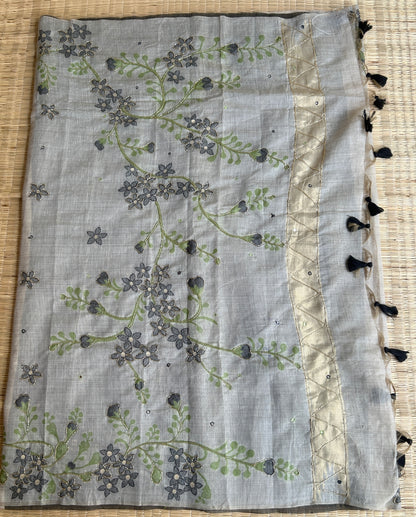 Pure linen chanderi saree with cutdana work & mirror work - hand embroidery - 1
