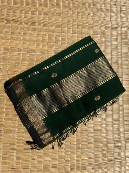 Dark Green Maheshwari handloom saree with flower motifs