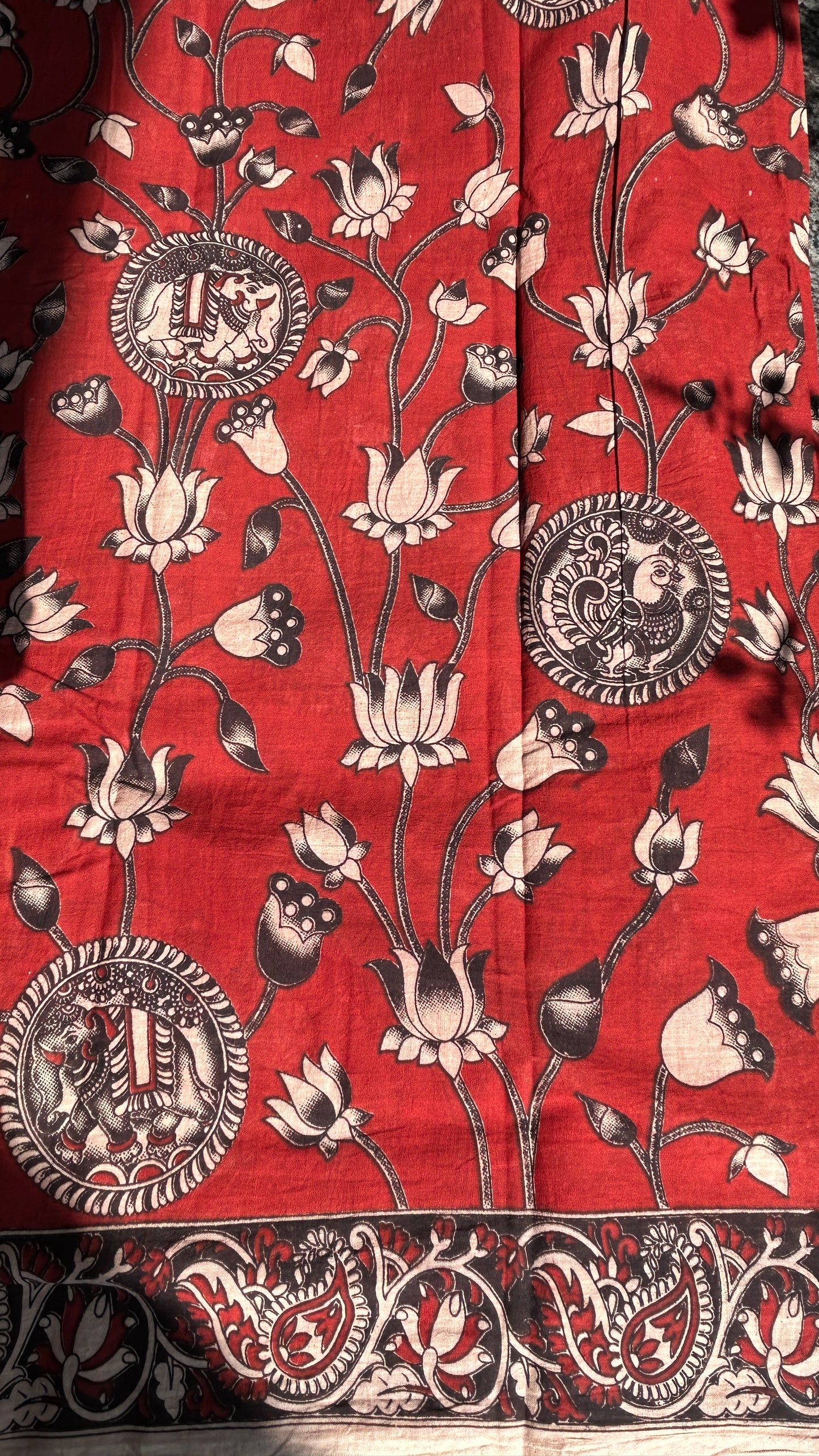 Red floral kalamkari pure cotton saree