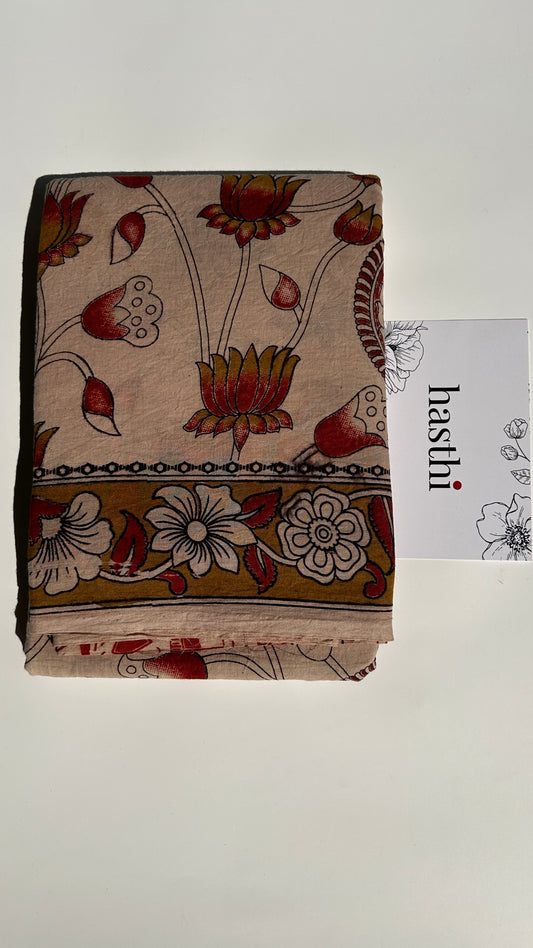 Beige floral kalamkari pure cotton saree-1
