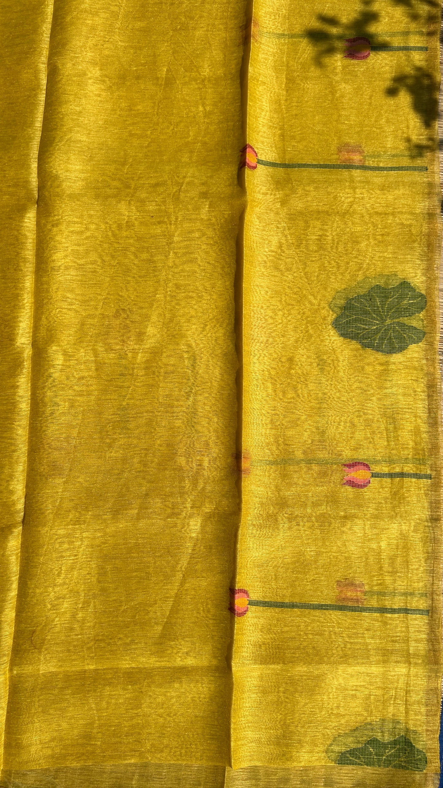 Yellow silk linen jamdani saree with lotus motifs