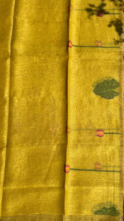Yellow silk linen jamdani saree with lotus motifs