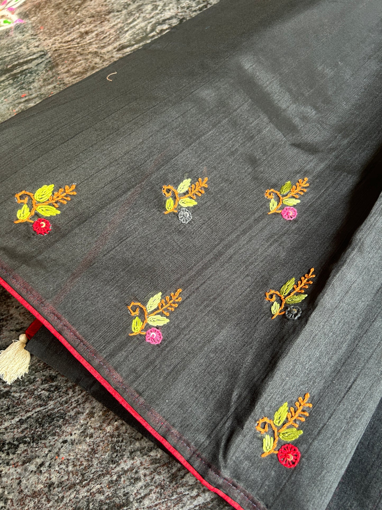 Black floral soft Tussar saree - hand embroidery