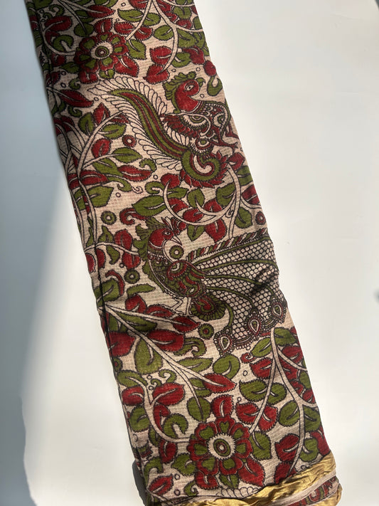 Green and red floral kalamkari kota cotton saree