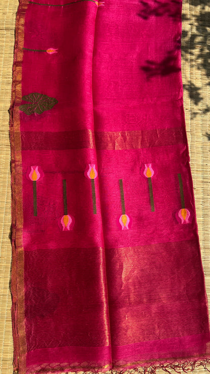 Pink silk linen jamdani saree with lotus motifs