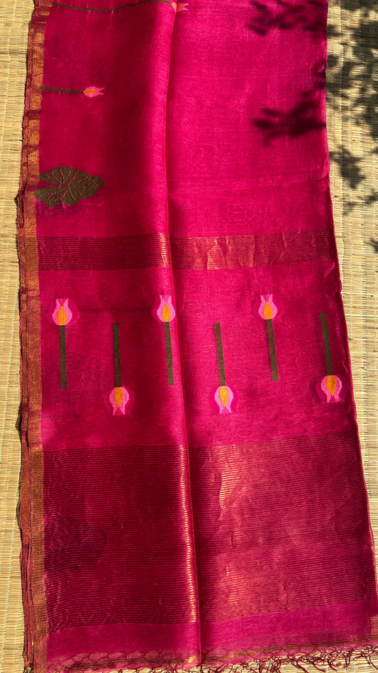 Pink silk linen jamdani saree with lotus motifs