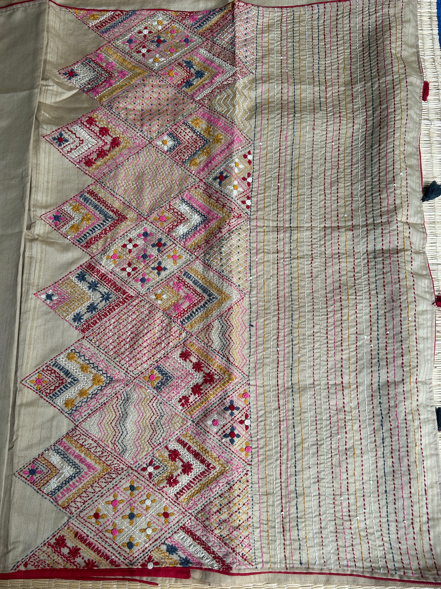 Beige Cream floral soft Tussar saree - hand embroidery