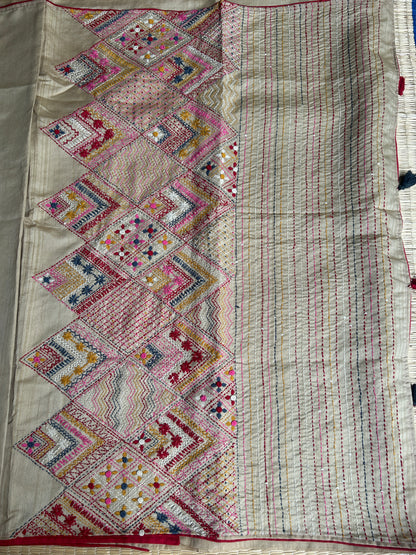 Beige Cream floral soft Tussar saree - hand embroidery