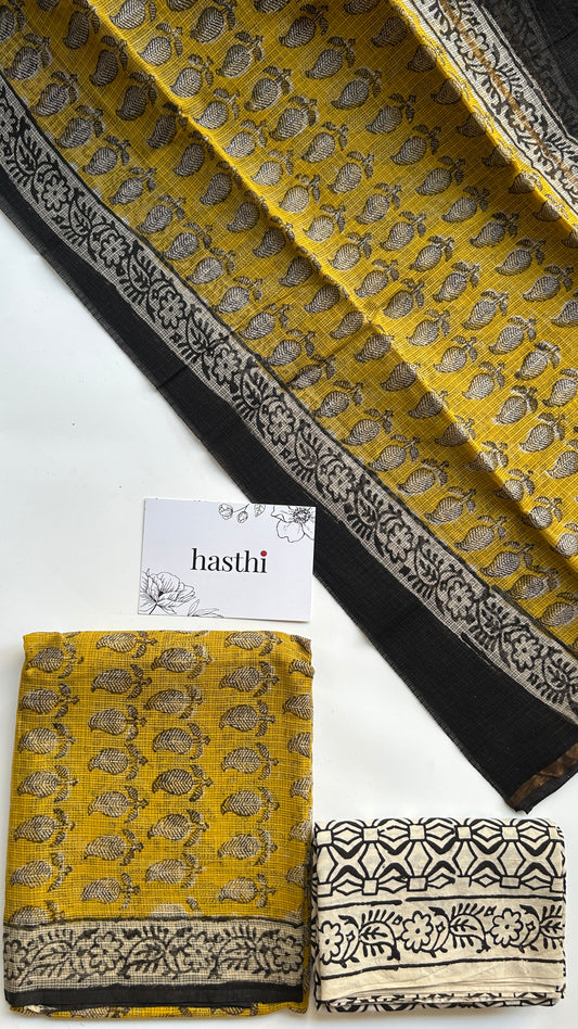 Yellow mango kota doria suit set - unstitched
