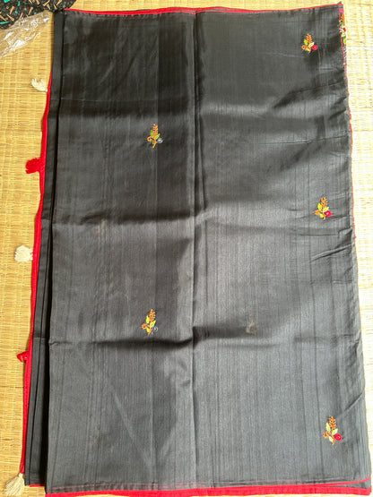 Black floral soft Tussar saree - hand embroidery