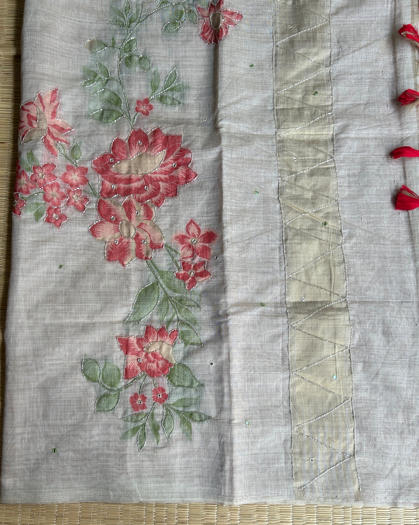 Pure linen chanderi saree with cutdana work & mirror work - hand embroidery - 2