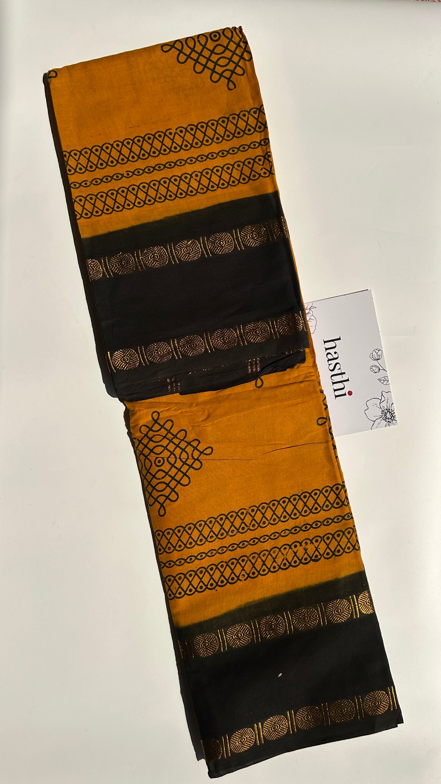 Mango Yellow Madurai sungudi cotton saree with kolam motif