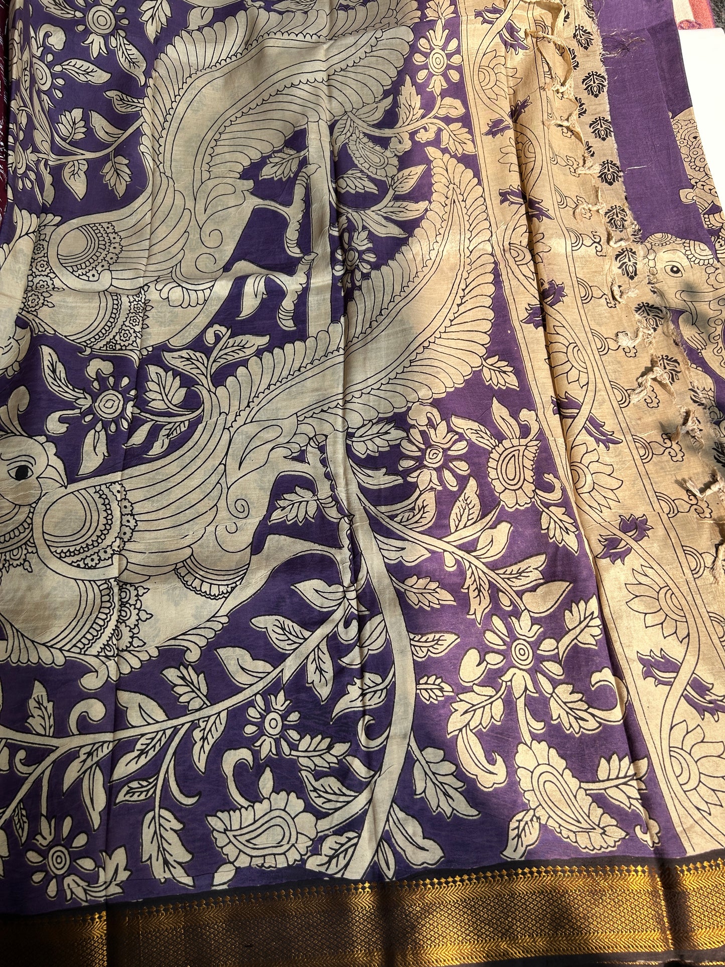 Purple chennur silk kalamkari saree with Nizam border
