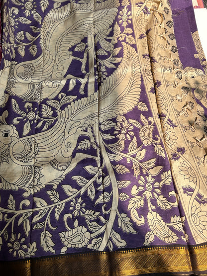 Purple chennur silk kalamkari saree with Nizam border