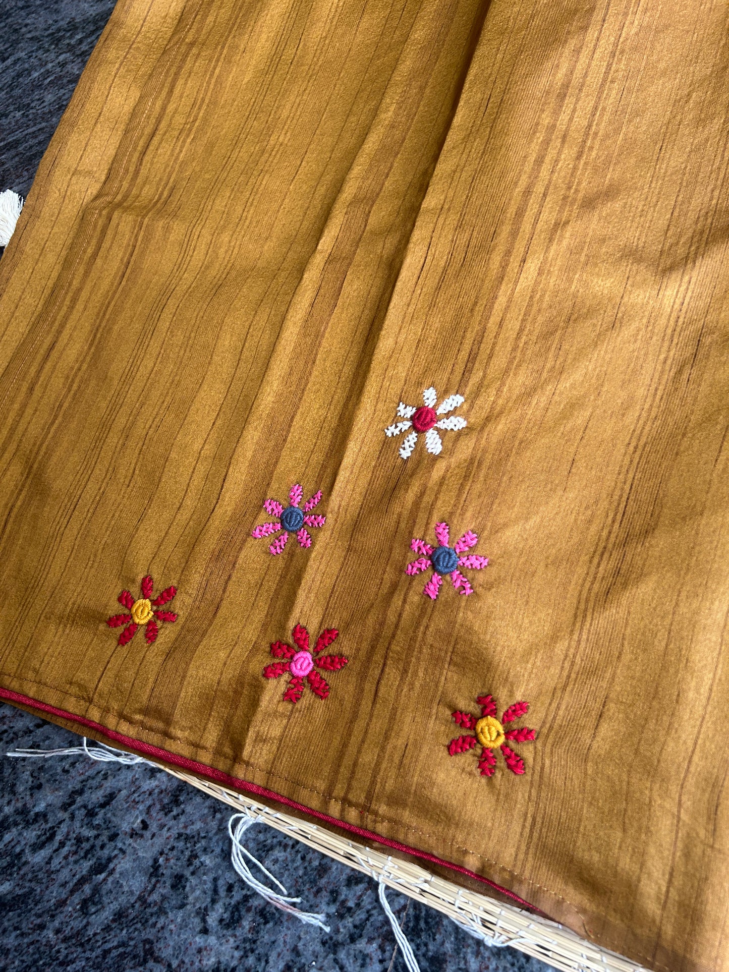 Methi Yellow floral soft Tussar saree - hand embroidery