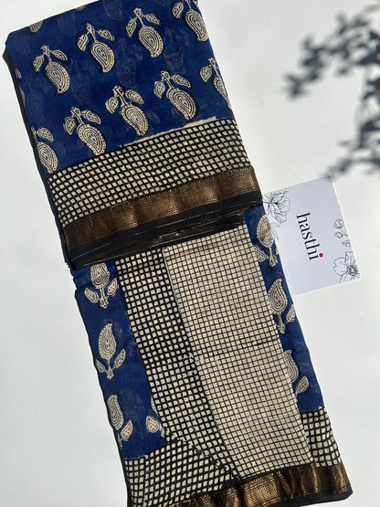 Blue Maheshwari silk saree with white motifs