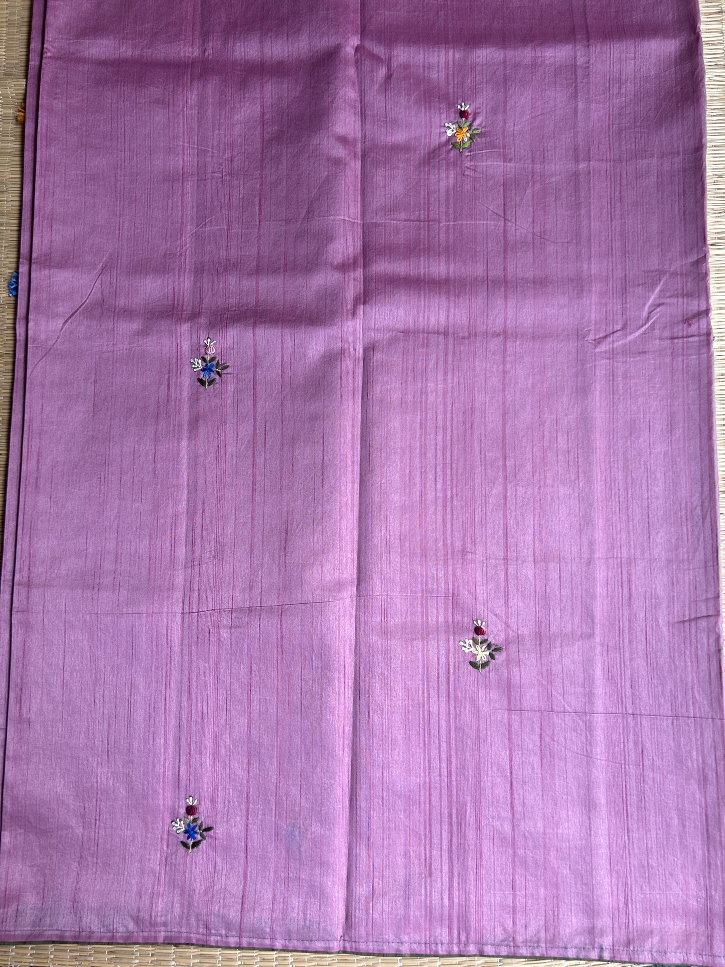 Onion Pink floral soft Tussar saree - hand embroidery